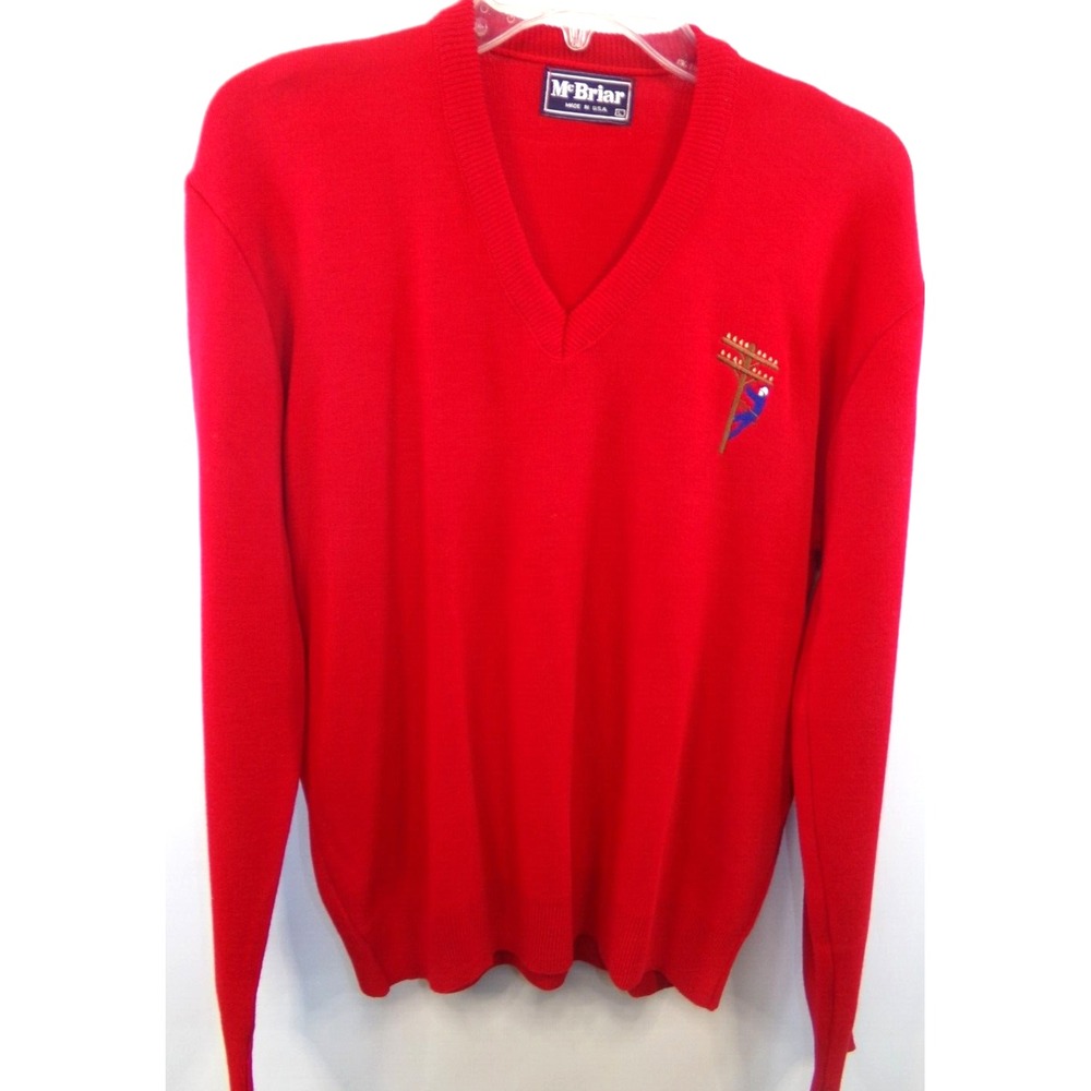 Vintage McBriar Mens V Neck‎ Sweater Lineman Acrylic Red Size L Made in USA NWT